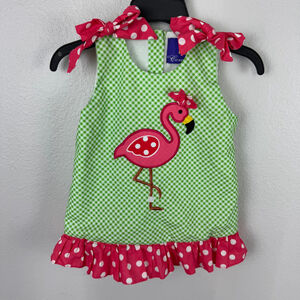 La De Da Coutures Baby Girls 6M Green Gigham Flamingo Polka Dot Bow Jumper Dress